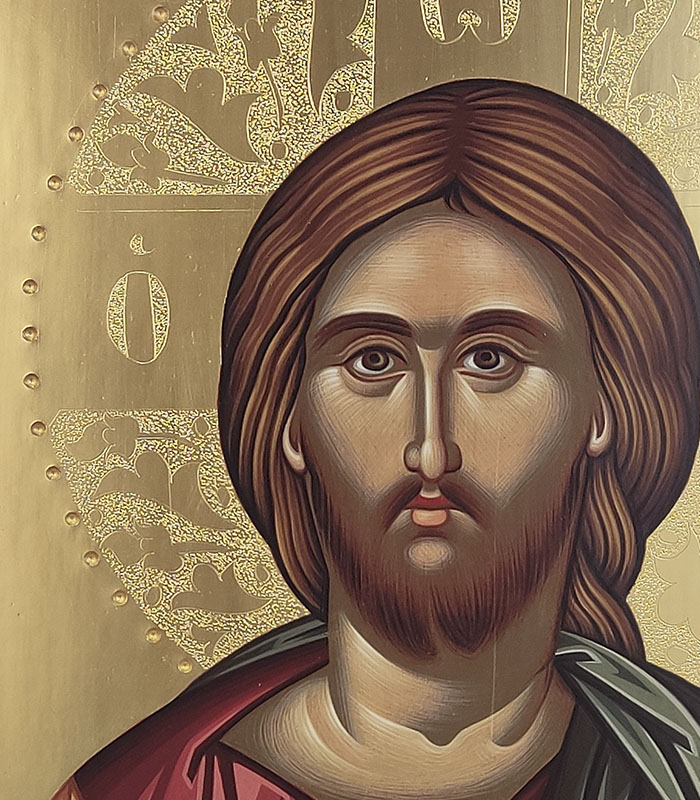 Ιησούς Χριστός χειροποίητη αγιογραφία, σκαφτό ξύλο, στίλβωμα ματ και τσουκάνικο στο φωτοστέφανο.
